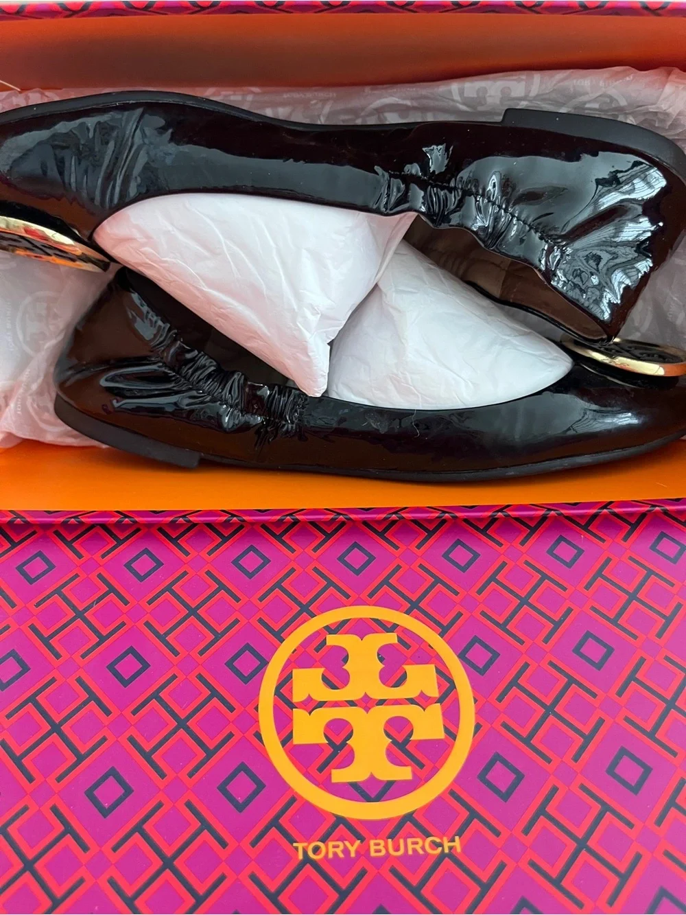NICE Tory Burch Black Patent Leather Logo Ballet Flats Twiggie soft Womens Sz 8